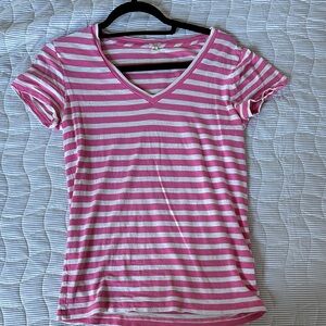 J. Crew Pink and White Striped V-Neck Tee
